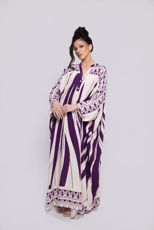 Vestido largo estampado en crema y morado