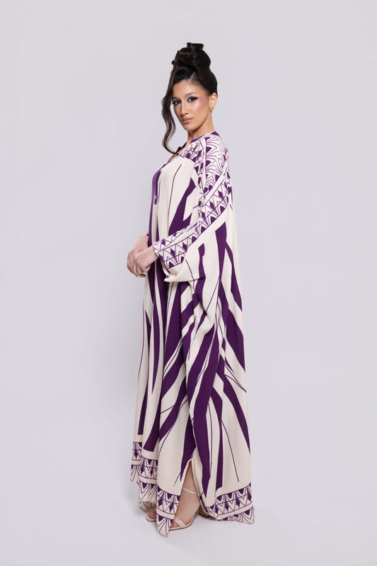 Vestido largo estampado en crema y morado