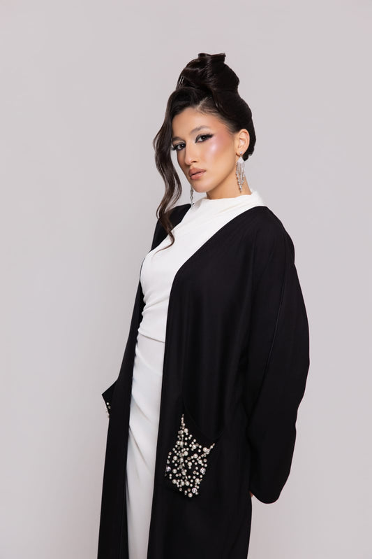 Abaya Negra Elegante Con Perlas