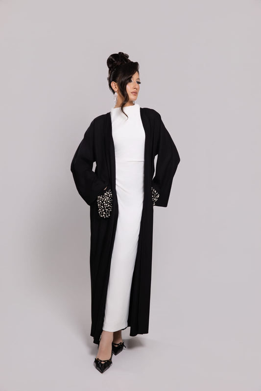 Abaya Negra Elegante Con Perlas