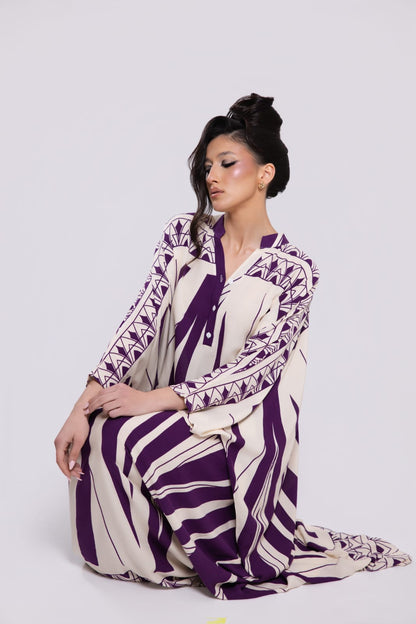 Vestido largo estampado en crema y morado